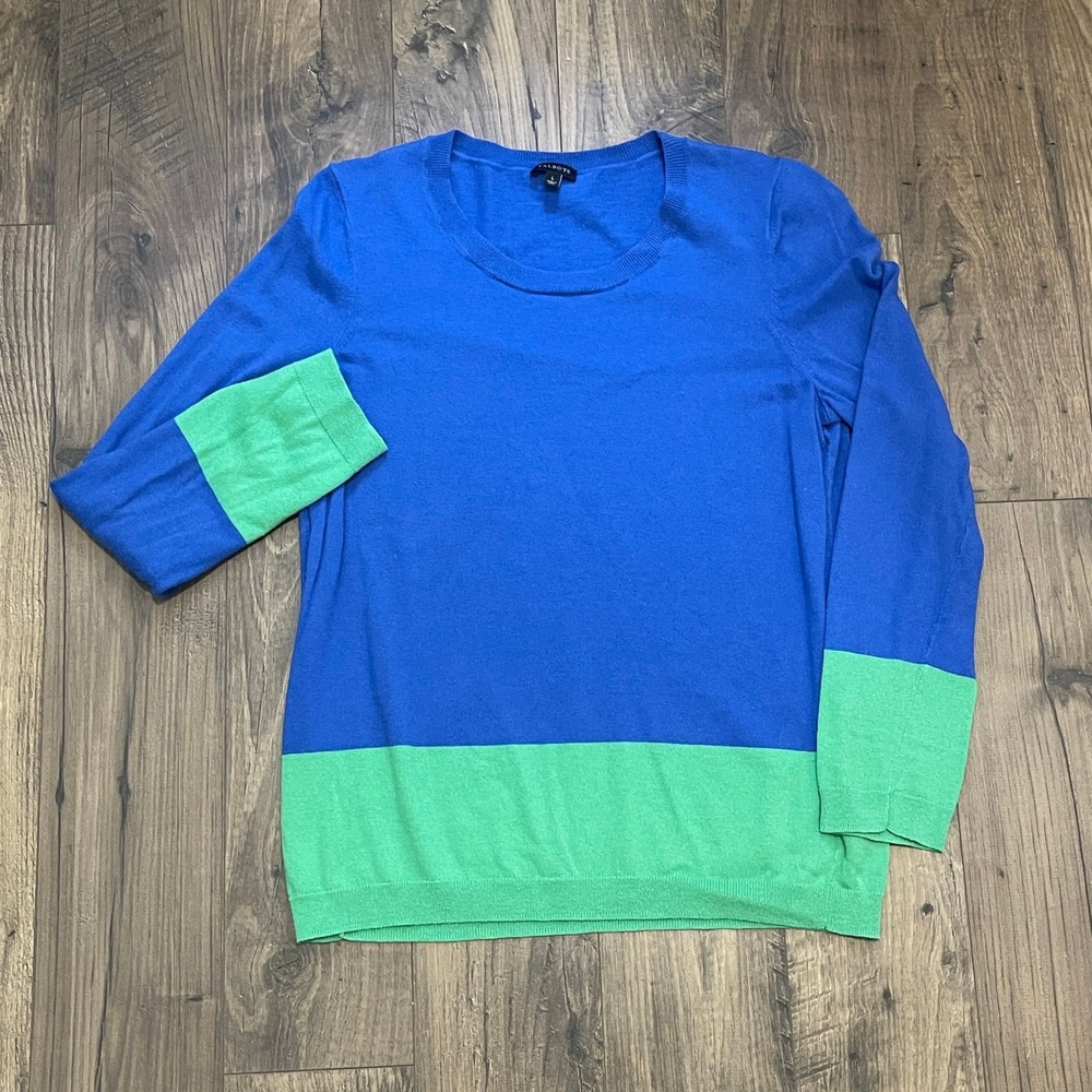 Talbots Womens Blue Green Colorblock Crew Neck Sweater Size Large Long Sleeve